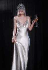 Elegant White Spaghetti Strap Long Evening Gown Sheath 20th Birthday Dress Satin Sparkly Graduation Dresses Formal Dress DH2752