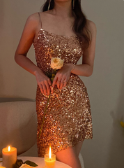 Sparkly Gold Spaghetti Strap Long Evening Gown Sheath 18th Birthday Dress Elegant Sequins Formal Dress Party Dress  DH2753