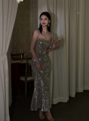Modest Silver Spaghetti Strap Long Evening Gown Sheath Elegant Beaded Formal Dress Open Back Party Dress  DH2755