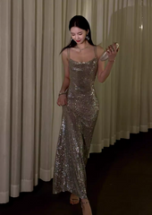 Modest Silver Spaghetti Strap Long Evening Gown Sheath Elegant Beaded Formal Dress Open Back Party Dress  DH2755
