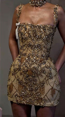 Pretty Sheath Square Neck Sleeveless Gold Short Formal 8th Grade Homecoming Dresses Summer Middle School Hoco Dress Homecoming Outfits DH444