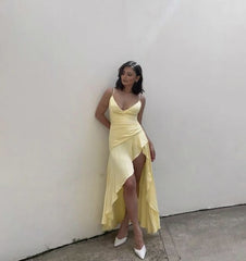 Elegant High Low Spaghetti Straps Yellow Satin Long Prom Dresses Party Dress Summer 20th Birthday Outfits 18th Birthday Dresses DH765