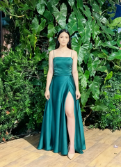 Elegant A Line Spaghetti Straps Green Satin Long Prom Dresses Party Dress Summer 20th Birthday Outfits 18th Birthday Dresses DH771