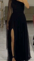Elegant A line One Shoulder Black Slit Tulle Prom Dresses Party Dress Summer 20th Birthday Outfits 18th Birthday Dresses DH785