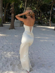 Elegant Mermaid Strapless Slit Satin Long Prom Dresses Party Dress Summer 20th Birthday Outfits 18th Birthday Dresses DH813