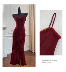 Elegant High Low Spaghetti Straps Burgundy Sleeveless Long Evening Party Gowns Evening Formal Dresses Prom Dress DH90