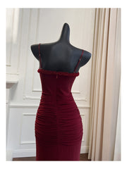 Elegant High Low Spaghetti Straps Burgundy Sleeveless Long Evening Party Gowns Evening Formal Dresses Prom Dress DH90