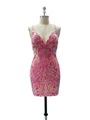 Sheath/Column V-neck Short Strap Sequins Prom Dress