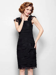 Mother of the Bride Dress Little Black Dress Scoop Neck Knee Length Chiffon Lace Sleeveless with Lace Pleats Ruffles