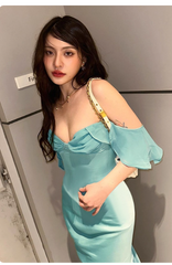 Sexy Off-the-shoulder Mermaid Satin Chiffon Long Prom Dresses, Blue Formal Evening Dresses DP3024