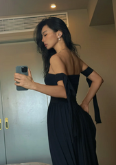 Sexy Off-the-shoulder Sheath Chiffon Evening Dresses Black Birthday Dresses DP03035