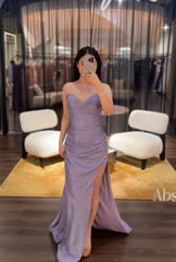 Elegant Sheath Purple Long Prom Dresses Glitter High Slit Formal Dress