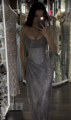 Glitter Strapless Sheath Long Prom Dresses Tight Evening Dress Ruched Formal Gown