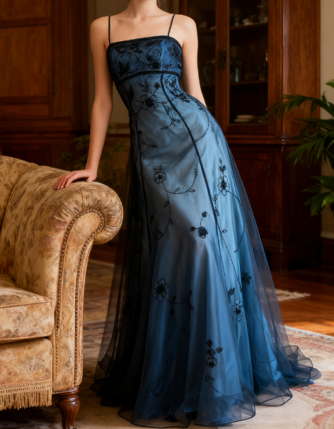 Elegant Spaghetti Straps Imperial Long Prom Dresses Satin Chiffon Beaded Blue Evening Dresses Sleeveless Formal Dresses DP04078