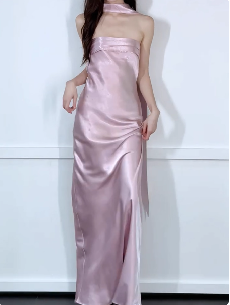 Chic Strapless Sheath Long Evening Dress Satin Sleeveless Wedding Bridesmaid Dresses with scarf