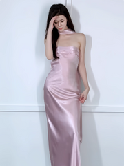 Chic Strapless Sheath Long Evening Dress Satin Sleeveless Wedding Bridesmaid Dresses with scarf
