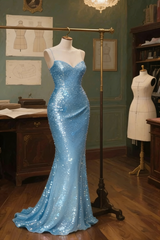 Chic Sequins  Blue Long Prom Dresses Spaghetti Straps Mermaid Evening Dresses DP04761