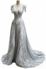 Chic Light Gray Long Prom Dresses Tulle Straps A-Line Evening Dresses DP04764