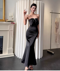 Chic Mermaid Black Long Prom Dresses Satin Strapless Sleeveless Evening Dresses DP04772