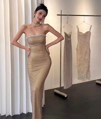 Chic Sheath Apricot Long Prom Dresses Beaded Satin Sleeveless Evening Dresses DP04775