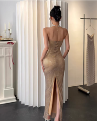 Chic Sheath Champagne Long Prom Dresses Rhinstones Tulle Sleeveless Evening Dresses DP04774