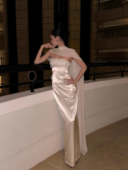 Chic Sheath Apricot Long Prom Dresses Beaded Satin Sleeveless Evening Dresses DP04775