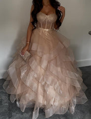 Elegant A-Line Chanmpagne Long Prom Dresses Tulle Spaghetti Straps Sleeveless Evening Gowns DP04782