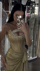 Fashion Sheath Gold Long Prom Dresses Rhinstones Tulle Strapless Sleeveless Evening Gowns with Slit DP04785