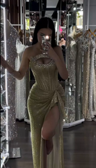 Fashion Sheath Gold Long Prom Dresses Rhinstones Tulle Strapless Sleeveless Evening Gowns with Slit DP04785