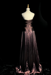 Fashion Sheath Brown Long Prom Dresses Beaded Satin Strapless Sleeveless Evening Gowns DP04787