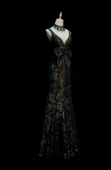 Vintage Mermaid Black Long Prom Dresses Tulle Aplliques V-neck Sleeveless Evening Gowns DP04788