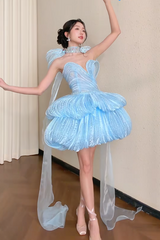 Cute A-line Blue Short Prom Dress Tulle Sweetheart Party Dress Sleeveless Birthday Dress DP04812