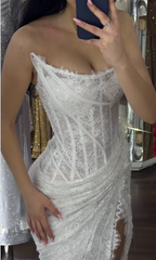 Sexy Sheath White Long Prom Dress Lace Applique Strapless Slit Evening Dress Sleeveless Party Dress DP04826