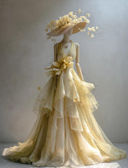 Fairy A-Line Yellow Long Prom Dress Tulle V-Neck Evening Dress Sleeveless Birthday Dress DP04829