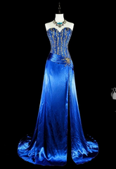 Chic Sheath Blue Long Prom Dress Satin Beaded Sweetheart Evening Dress Sleevless Birthday Dress DP04837