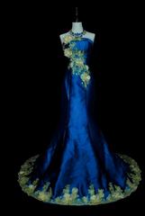 Chic Mermaid Blue Long Prom Dress Satin Appliques Strapless Evening Dress Sleevless Birthday Dress DP04839