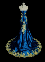 Chic Mermaid Blue Long Prom Dress Satin Appliques Strapless Evening Dress Sleevless Birthday Dress DP04839