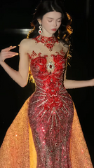 Gorgeous Mermaid Burgundy Long Prom Dress Tulle Beaded High Neck Sleeveless Evening Dress DP04841