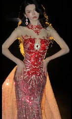 Gorgeous Mermaid Burgundy Long Prom Dress Tulle Beaded High Neck Sleeveless Evening Dress DP04841