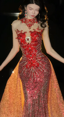 Gorgeous Mermaid Burgundy Long Prom Dress Tulle Beaded High Neck Sleeveless Evening Dress DP04841