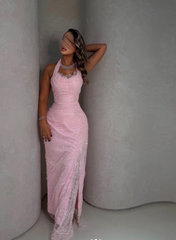 Gorgeous Sheath Pink Long Prom Dress Lace Halter Sleeveless Evening Dress with Slit DP04844