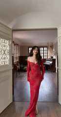 Chic Sheath Red Long Prom Dress Applique Chiffon Sweetheart Evening Dress  DP04854