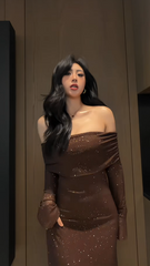 Chic Sheath Brown Long Prom Dress Rhistones Chiffon Off-shoulder Evening Dress DP04857