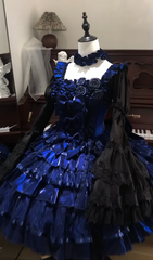 Fairy Ball Gown Royal Blue Lolita Dress Satin Lace Square Birthday Dress Long Sleeves Short Prom Dress DP04866