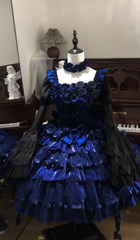 Fairy Ball Gown Royal Blue Lolita Dress Satin Lace Square Birthday Dress Long Sleeves Short Prom Dress DP04866