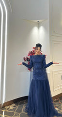Elegant Sheath Navy Blue Long Prom Dress Jewel Tulle Beaded Evening Dress Long Sleeves Formal Dress DP04867