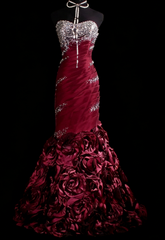 Elegant Burgundy Long Prom Dress Satin Beaded Mermaid Sleeveless Evening Dress  DP04874