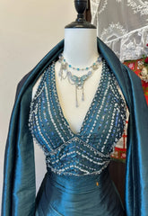 Cute Dark Teal Long Prom Dress Beaded Satin A-Line Sleeveless Evening Dress  DP04876