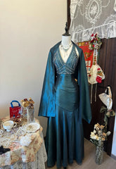 Cute Dark Teal Long Prom Dress Beaded Satin A-Line Sleeveless Evening Dress  DP04876