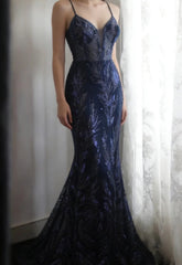 Cute  Navy Blue Long Prom Dress Beaded Tulle Mermaid Sleeveless Evening Dress DP04877